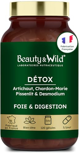DÉTOX FOIE NATUREL - Complément Alimentaire d’Artichaut, Chardon-Marie, Desmodium - Confort Digestif, Protège le Foie, Draineur, Intestins et colon, Complément alimentaire détox, 120 gélules