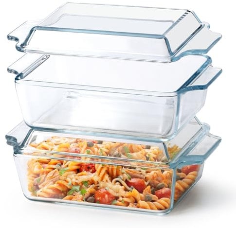 Lot de 2 cocottes rectangulaires en verre avec couvercle en verre - 14,5 x 17,8 cm - Passe au four - Mini cocotte avec couvercle