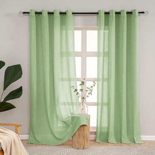 L.Z.E Ösen Vorhänge für Schlafzimmer, Halbtransparent Gardinen für Wohnzimmer, Leinenoptik Stores mit Ösen in Grün, 2er Set Durchscheinend Gardinenschals für Balkontür, 175 cm Hoch (LZE2206SA175)