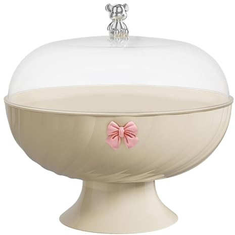 LOVIVER Pedestal Fruit Bowl With Lid - Decorative Round Countertop Basket for Party Wedding Displaying Fruit, Vegetable, Dessert, Snacks, Bread - Cream With Cover Bow