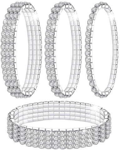 Kucheed 4 Pièces Bracelets Extensibles en Strass, Bracelet Rivière en Diamants Étincelants, Bijoux de Mariage Empilables en Cristal Brillant pour Femm (A1)