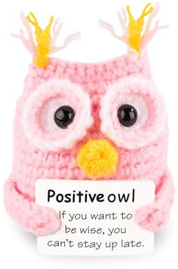 NQEUEPN Chouette Positive Drôle, Adorable Poupée Tricotée au Crochet avec Carte d'Encouragement Jouet en Peluche de Soutien Émotionnel Cadeaux Positifs pour la Décoration de Bureau à Domicile(Rose)