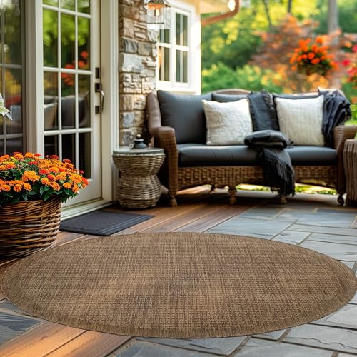 Carpettex In & Outdoor Teppich Wetterfest 200 cm Rund Braun - Sisal Optik Balkon Teppich Waschbar, Wasserfest und Flachgewebe - Ideal als Teppich für Küche, Terrasse, Garten und Camping