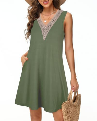 Tanmolo Damen Sommerkleid Kurz Freizeitkleid Spitze V-Ausschnitt Knielang Ärmellos Swing Kleid 2XL Bohne Grün