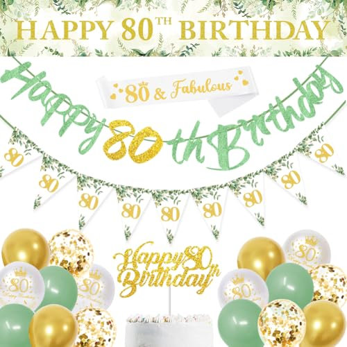 Sage Green 80th Birthday Party Decorations: Happy 80th Birthday Banner, Triangle Flag, Confetti Balloons