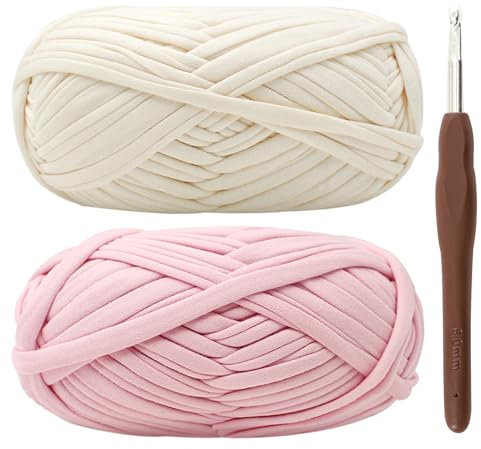 T-Shirt Garn, Bändchengarn zum Häkeln und Stricken Textilgarn 2 x 100g Dickes Polyester-Garn mit einer 6-mm-Häkelnadel für Häkeltaschen, Körbe, Teppiche, Heimdekoration und DIY-Kunsthandwerk (Rosa)