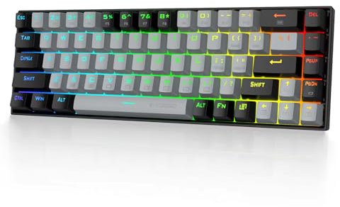 E-Yooso 65% RGB Gaming Tastatur,US-Layout(QWERTY) kabelgebundene Ultra-Compact Mini 68 Tasten, lineare rote Schalter, abnehmbares USB-C-Kabel, Separate Pfeiltasten – Grau/Schwarz