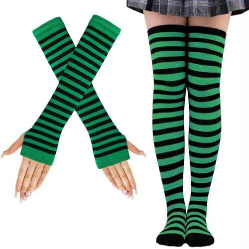 LUKIUP KniestrüMpfe Schwarz-grüne Anzug, Hohe Elastizität Gestreifte Warme Fingerlose Handschuhe Kniehohe Socken Set, Damen Extra Lange Socken für Halloween Cosplay Gestreifte Lange Socken