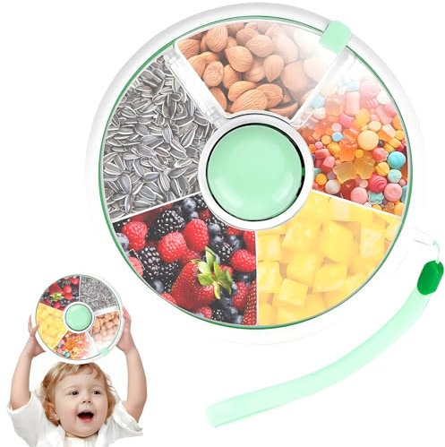 Vulevirtue Caja para Aperitivos, Caja Giratoria de 5 Compartimentos con Tapa Transparente y Asa Plegable, Material PP+ABS, Verde, 18cm de Diámetro y 6cm de Alto, Perfecto para Picnics y Fiestas