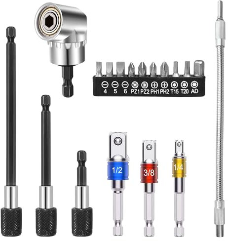 Guyuyii Juego de 18 extensiones de brocas flexibles: accesorio de taladro de ángulo recto, extensión de destornillador flexible, adaptadores de enchufe y soportes magnéticos para bricolaje