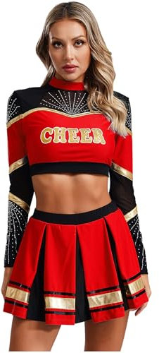 RUNQHUI Damen Cheer Leader Kostüm Zweiteiler Crop Tops mit Faltenrock Cheerleading Uniform Tanzkleid Halloween Karneval Fasching Partykleid Rot S