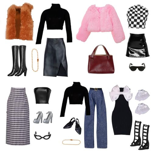 17 Stück Kleidung und Zubehör für 11,5 Zoll Mädchen Puppen Plüsch Westen Set Plüsch Mantel Set Outfits Schleifen Knoten Kleid Langes Etuikleid Set mit 7 Schuhe 5 Zubehör Zufällig Geschenk für Mädchen