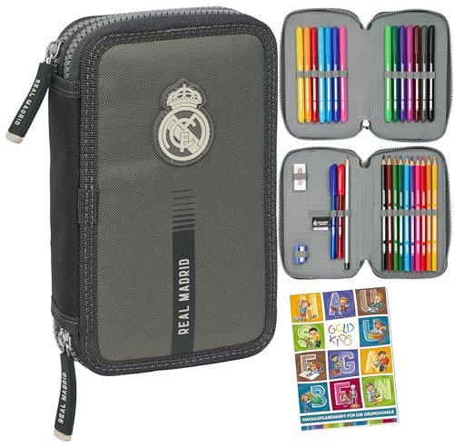 Real Madrid - Federmäppchen 2 Fächer - Mäppchen für Mädchen und Jungen - Federmappe 2-Fach Federtasche Gefüllte Schüleretui 29-teilig - Schulmäppchen und Hausaufgabenheft