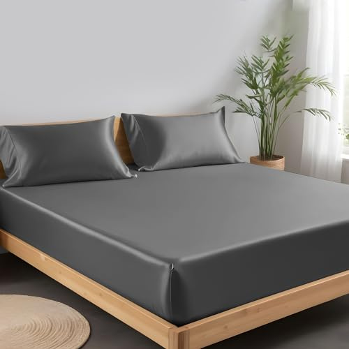 LINENWALAS Spannbettlaken aus 100% Tencel Lyocell 140 x 200 cm, Weiches, Kühlendes Seiden Bettlaken mit bis zu 40 cm Tiefen Taschen, Anti Allergische Eukalyptus Bettwäsche (140x200 cm, Anthrazit)