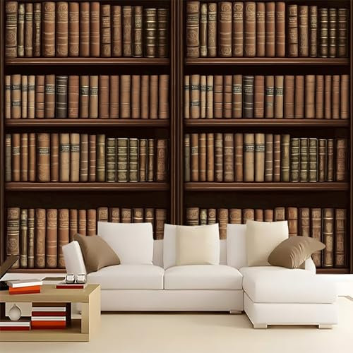 Fototapete Vintage Bücherregal Literatur Braun Schwarz 200 X 140 Cm(Wxh) Panorama-Wandbild Für Wohnzimmer Und Kinderzimmer | 3D-Effekt Vliestapete Mit Uv-Beständigkeit - Premium Wanddeko & Tapete