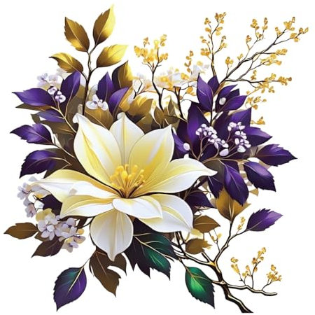 Elegante Blumen Wandtattoo, weiße Lilie mit lila Blättern, 59 x 30 cm, dekorativer Wandsticker