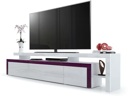 Vladon TV Board Lowboard Leon, Korpus und Überbau in Weiß matt/Front in Weiß Hochglanz mit Rahmen in Brombeer Hochglanz (227 x 52 x 35 cm)