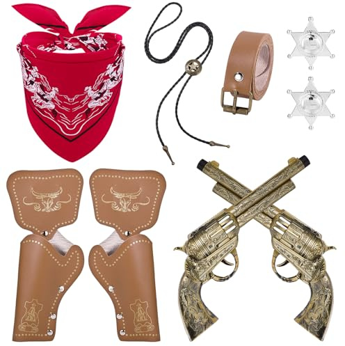 GSrenyu 9 Pcs Cowboy Outfit, Cowboy Accessories for Men Women Kids | With Neckerchief Necklace Sheriff Badge Belts Toy Guns & Holsters for Men Kids Cowgirl Fancy Dress up, Cosplay, Hippie Disco