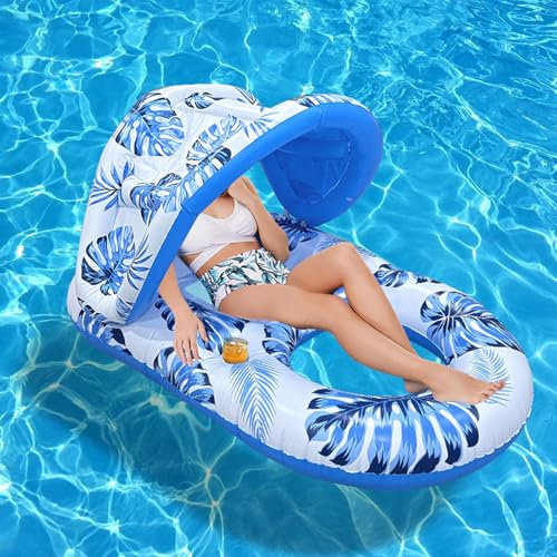 Blissbuilt Large Inflatable Pool Raft For Adults140x90cm,with Detachable Canopy & Built-in Cup Holders-Backrest & Footrest - Summer Relaxation In Garden Or Beach