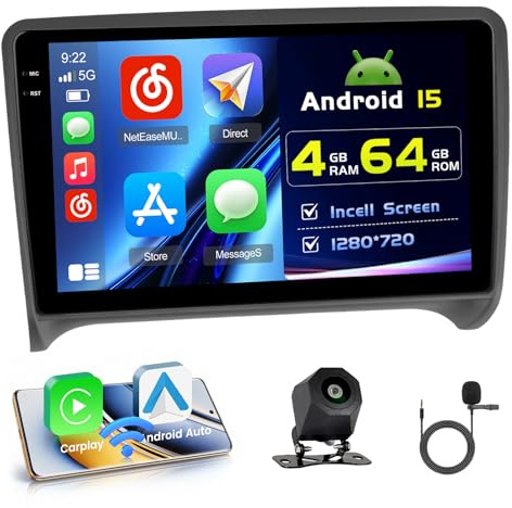 4+64G Android Autoradio mit Bildschirm für Audi TT 8J MK2 2008-2014 Wireless Carplay, Autoradio mit Navi 9 Zoll Incell Bildschirm Android Auto/FM/RDS/Rückfahrkam