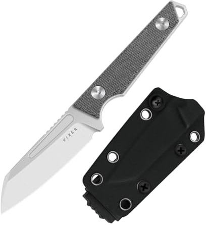 Kizer Phasmids Full Tang EDC Outdoor Messer mit Micarta Griff, 1079A3 | 7cm AEB-L Stahl Schafsfuß Klinge Feststehende Messer mit Schwarzem Griff, Wandern Camping Bushcraft EDC Messer mit Scheide