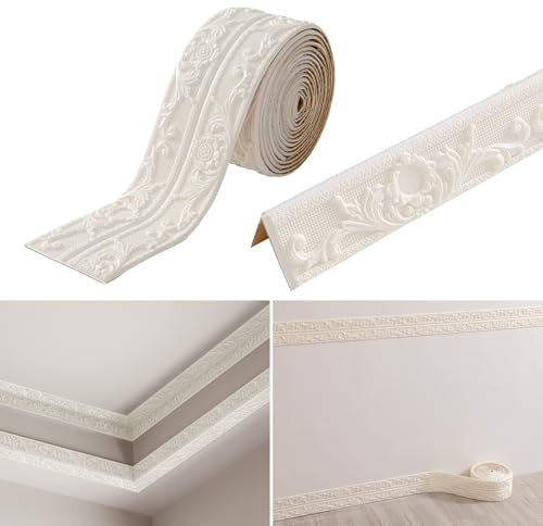 Inscrip Wallpaper Borders Self Adhesive, 10cmx5Mx8mm Skirting Board Trim, Peel and Stick Wall Border Trim, Skirting Board Covers, 3D Anti-Collision Line Border Roll Wall Trim (White)