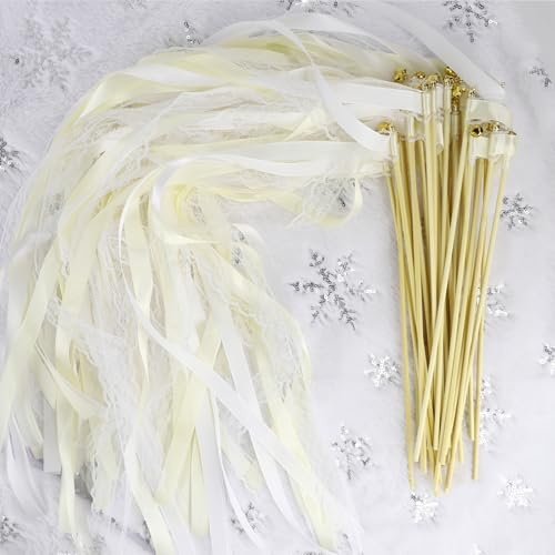 Holiwe 50 Stück Wedding Wands,Zauberstäbe Hochzeit Luftschlangen,Romantic Seidenfeenstab,Hochzeit Stäbe Mit Glöckchen für Hochzeiten Geburtstage Partys Feiertagsfeiern Verwendet (50 Stück Beige)