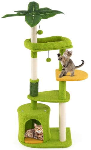 GYMAX Arbre à Chat 122cm 4 Niveaux, avec Perchoir, Condo, Griffoirs en Sisal, Brosse de Toilettage, Plateformes, Balles Suspendues, Feuilles de Palmier Décorative, Centre d'Activité pour Félins