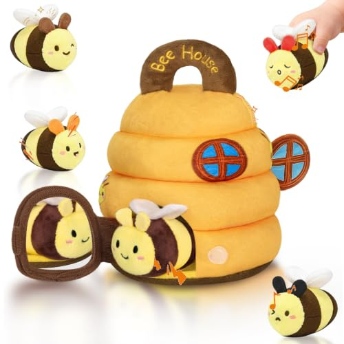 Jouet pour bébé de 6 à 12 mois, ruche avec 5 abeilles, jouet sensoriel Montessori avec musique, hochet, miroir, jeux éducatifs et jouets de motricité, cadeaux pour enfants de 1, 2, 3 ans