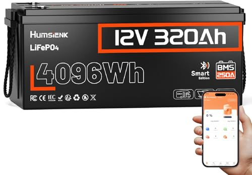 Humsienk Batteria LiFePO4 12V 320Ah Bluetooth con BMS 250A, 4096Wh, Protezione a Bassa Temperatura, 15000+ Cicli, Batteria Litio per Camper, Sistemi Solari, UPS, Off-Grid