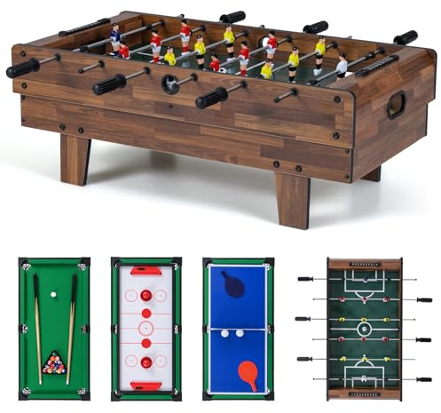 DREAMADE 4 IN 1 mini Tischkicker Spieltisch mit Tischfußball Airhockey Billard & Tischtennis, Fußball Tischspiel, Tischfussball Multifunktionstisch, Kickertisch für Kinder und Erwachsene (Dunkelbraun)