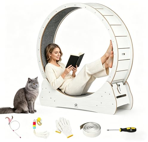 100cm Katzenlaufrad Indoor, großes Katzenrad aus Holz mit Teaser, leises Laufrad für Katzen 2-22kg, Katzen Treadmill mit Sicherheitsschloss & Rutschfester Lauffläche, für Wohnung und Haus, Weiß