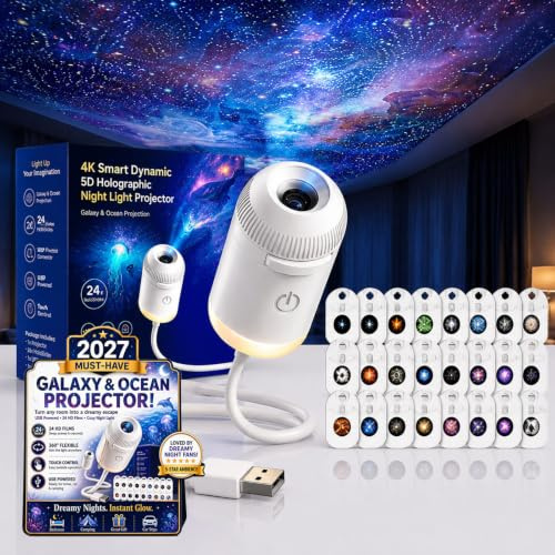 360° HD Projecteur de Galaxie pour la Nuit, Projecteur de 5d Étoile Holographique 2-en-1 Branché et Utilisable (avec 12 Films)