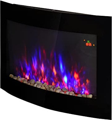HOMCOM Caminetto Elettrico da Parete con Effetto Fiamma Colorato con Telecomando, in Acciaio Inox e Vetro 65x11.4x52 cm, Nero
