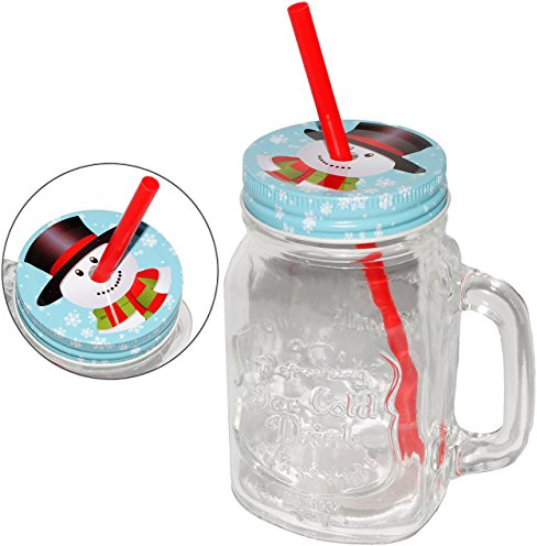 alles-meine.de GmbH 1 Stück Henkelbecher - Glas mit Strohhalm & Deckel - Weihnachten - lustiger Schneemann - 500 ml - Trinkbecher für Glühwein - Kinderpunsch - Heiße & Kalt..