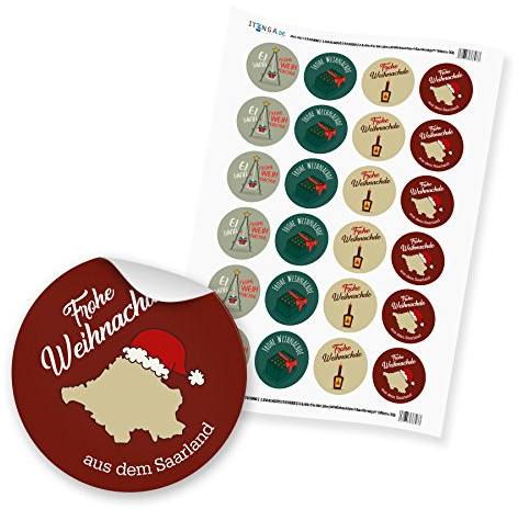 24 x itenga Sticker „Frohe Weihnachten Saarländisch“ (Motiv 53) Geschenkaufkleber runde Etiketten 4cm Aufkleber Deko Präsent