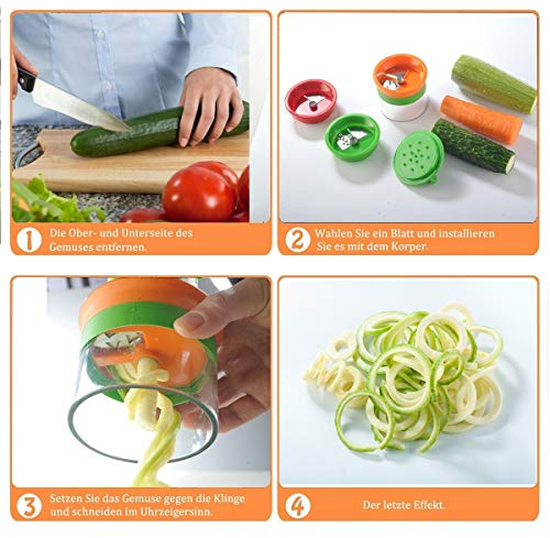 Premium 3 Klingen Gemüse Gemüsehobel Spiralschneider,mit dem man endlos Spaghetti Nudeln fertigen kann - enthält die Bürste für die Reinigung - Zucchini Spargelschäler, Gurkenschneider