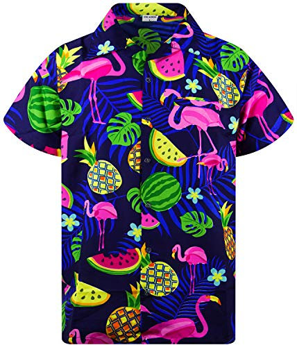 King Kameha Hawaiian Shirt Men Fruit-Designs Regular-Shirt Short-Sleeve, Flamingo-Melon, Blue, XXL
