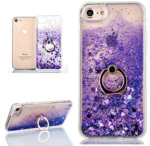 Hancda Phone Case for iPhone SE 2022 / iPhone SE 2020 /iPhone 8/iPhone 7 Case Cover Glitter Sparkle Liquid Sparkly Hard Back Transparent Silicone Clear Soft Bumper Case with Ring Holder Stand,Purple