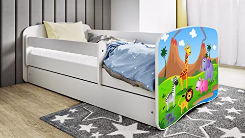 Bjird Kinderbett Jugendbett 70x140 80x160 80x180 Weiß mit Rausfallschutz Schublade und Lattenrost Kinderbetten für Mädchen und Junge - Safari 140 cm
