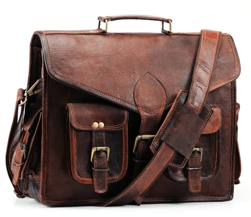 Handmade World Laptop-Kuriertasche aus Leder im Vintage-Stil für Herren, Opulenter Begleiter, Computer-Aktentasche für Büro, Arbeit, Geschäft, Braun, 16 Inch, Kuriertasche