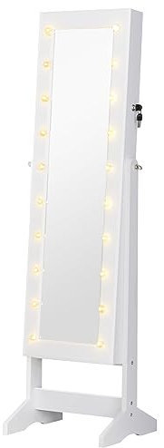 HOMCOM Espejo Joyero con 20 Luces LED Armario Joyero Reclinable con Guardajoyas Anillos Pendientes Collares Cerradura y Llaves 40x37x146 cm Blanco
