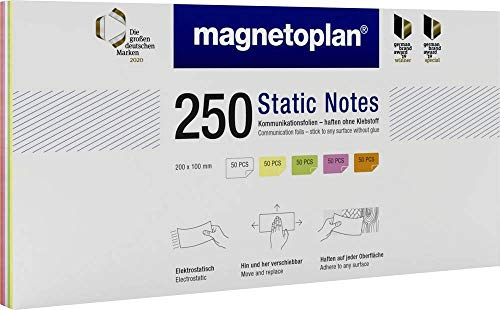 magnetoplan Static Notes, 250 Stk., farbig sortiert | BxH 200x100 mm | Elektrostatische Haftnotizen für Moderation & Präsentation