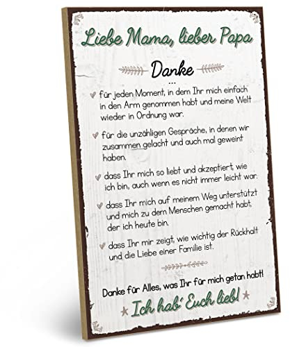 ARTFAVES® Wandbild Holzschild mit Spruch - DANKE liebe MAMA, lieber PAPA - Türschild Retro Vintage Deko Bild Geschenk - Mutter, Vater, Dankbarkeit
