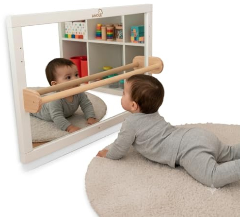 AMOVA Montessori-Sicherheitsspiegel mit weißer Leiste und CE-Kennzeichnung (Europäische Konformität).