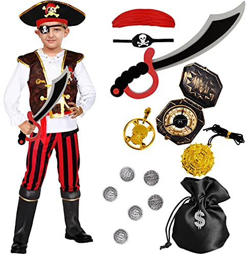 Tacobear Piratenkostüm Kinder Jungen mit Piraten Zubehör Set Piraten Hut Augenklappe Kompass Geldbeutel Ohrring Pirat Kapitän Karneval Kostüm für Kinder Jungen 4 5 6 7 8 9 10 Ans (T, 94-109)