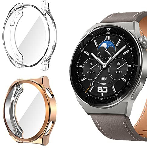 Niboow Cover 2 Pezzi Compatibile con Huawei Watch GT 3 Pro 46mm, Con Pellicola Protettiva, Protezione Ultra Sottile TPU Custodia, Morbida Custodiain per Huawei Watch GT 3 Pro 46mm-Oro Rosa+Trasparente