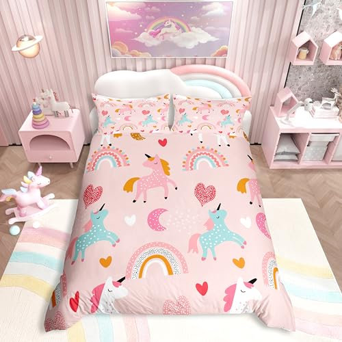 Parure de lit enfant licorne filles 200x200 parure de lit arc-en-ciel adolescent bébé rose housse de couette femme mignon licorne chevaux parure de lit avec 2 taie d'oreiller, beau motif licorne