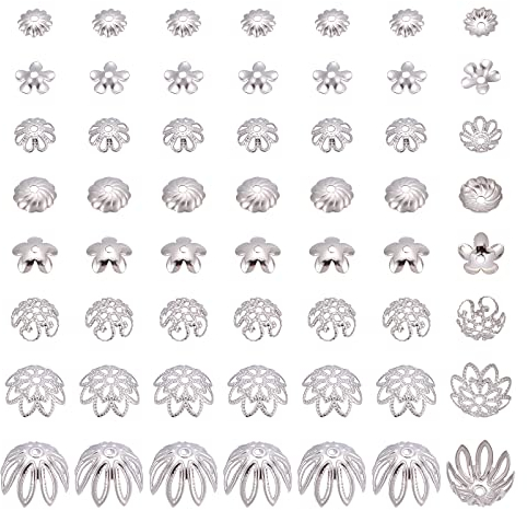 PandaHall Flower Bead Cap 240 Stück 8 Stile Edelstahl Perlenkappe Bails End Charm Caps Filigrane Endkappen Muiti-Petal Bead Caps Spacer Beads Für Ohrringe Armbänder Halsketten Schmuck DIY Craft