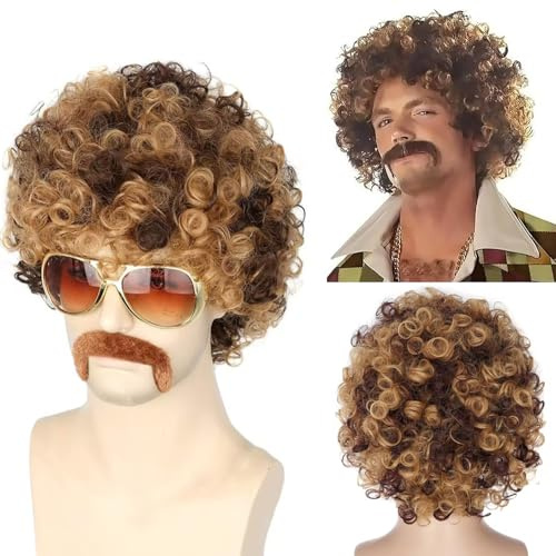 PORSMEER Herren Perücke 70er Jahre Disco Dude Dirt Bag Perücke Halskette & Schnurrbart kurz gelockt Afro Shaggy Perücke Blond Mix Schwarz